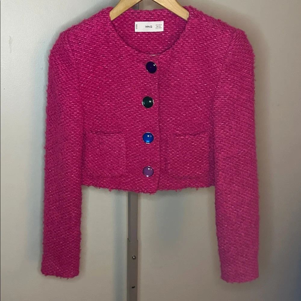 Mango Pink Tweed Jacket with Jewel Buttons, Size XS - Picture 6 of 13